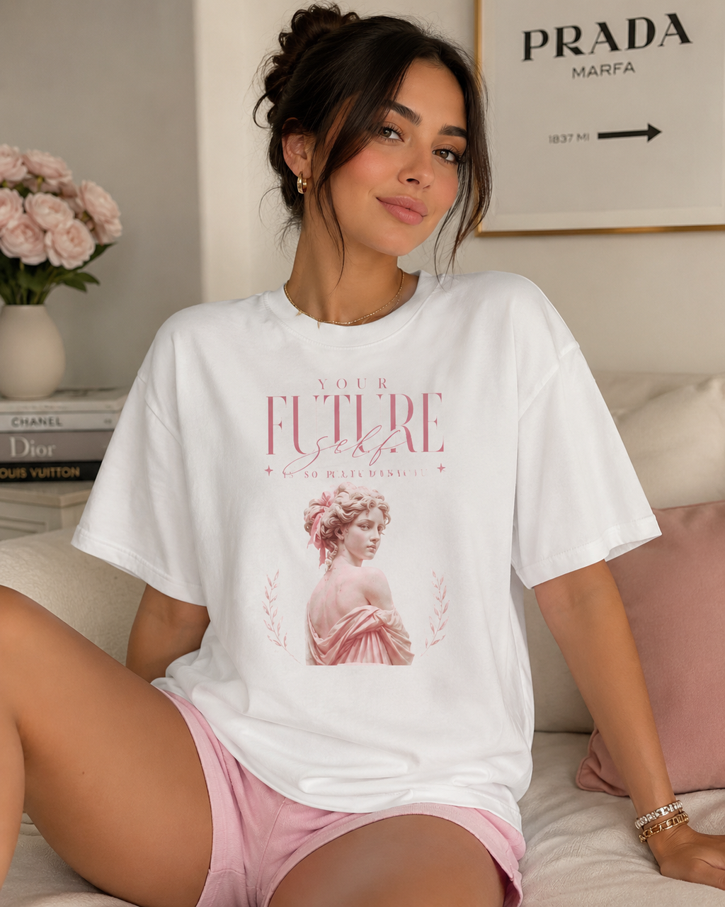 Romantic Vintage Statue Tee — 'The Future Is Feminine' Pink Bust Graphic T-Shirt