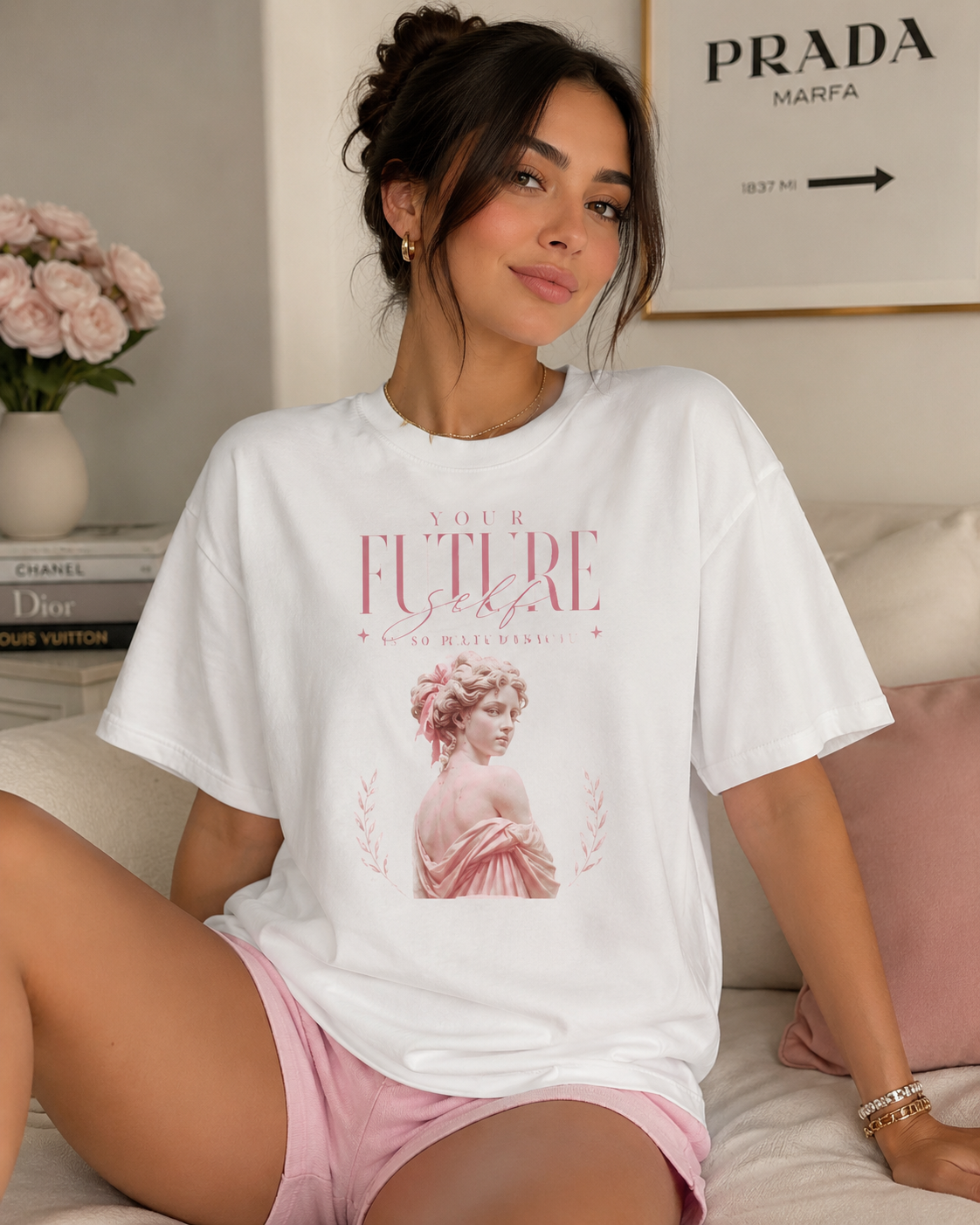 Romantic Vintage Statue Tee — 'The Future Is Feminine' Pink Bust Graphic T-Shirt