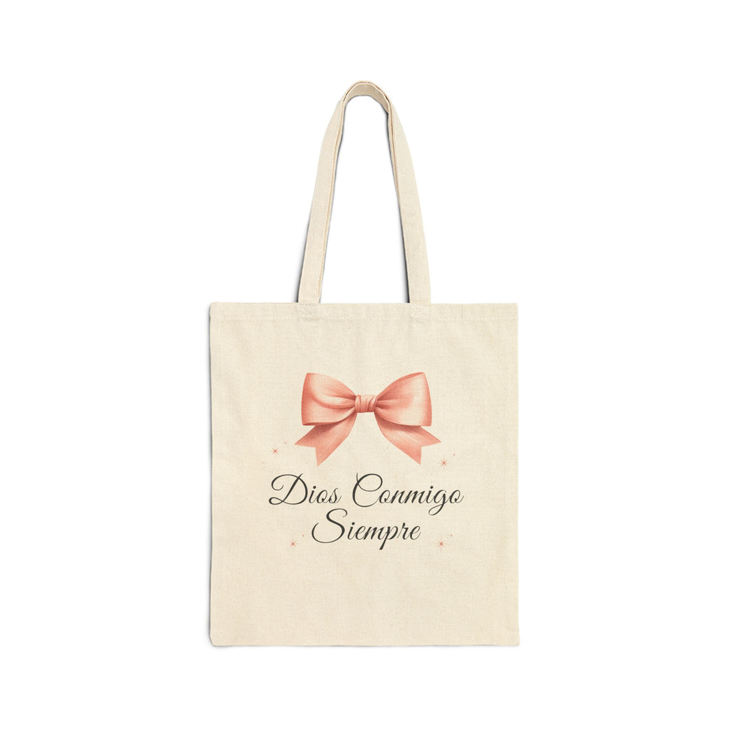 Canvas Tote Bag — “Dios Conmigo Siempre” Pink Bow Religious Tote
