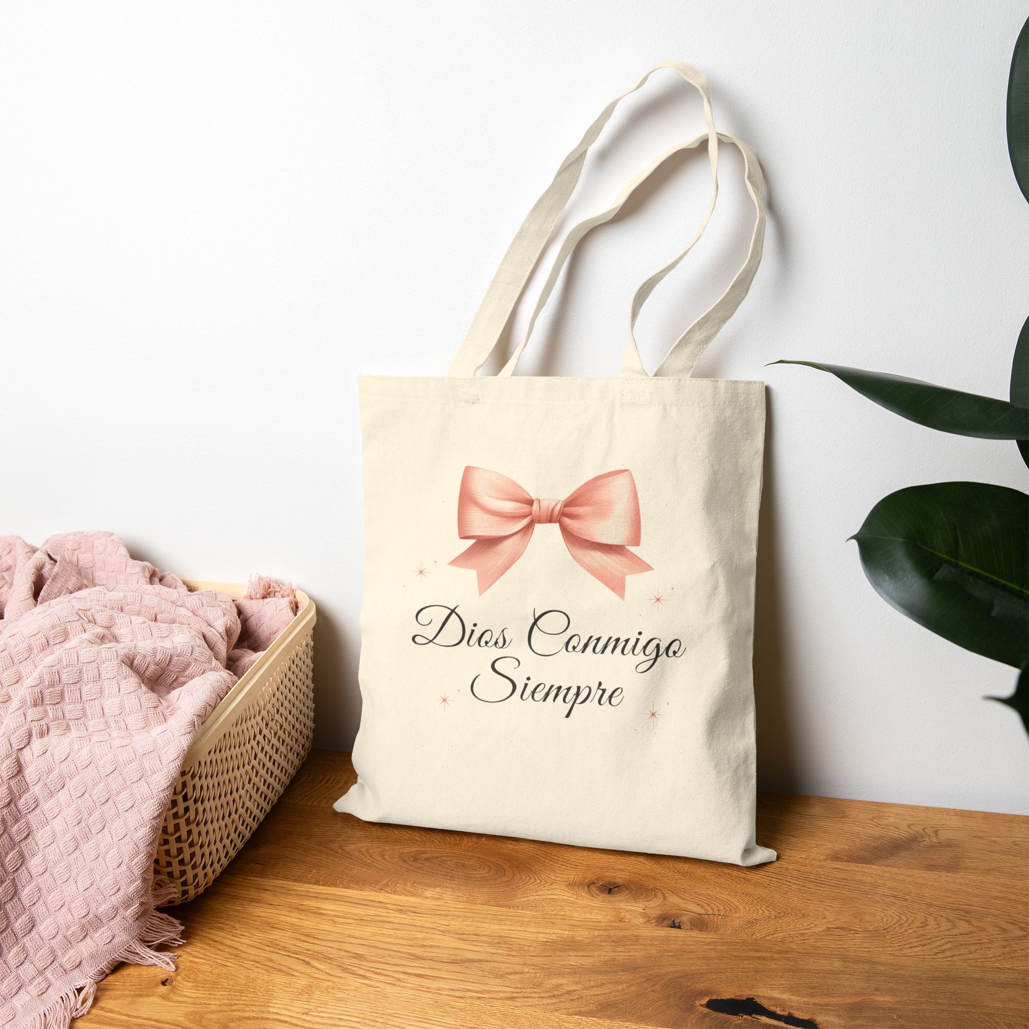 Canvas Tote Bag — “Dios Conmigo Siempre” Pink Bow Religious Tote