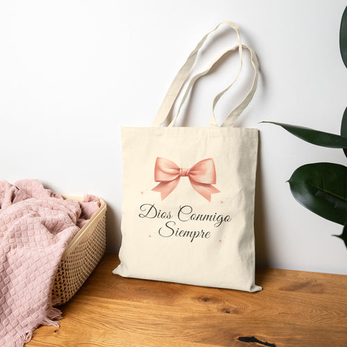 Canvas Tote Bag — “Dios Conmigo Siempre” Pink Bow Religious Tote